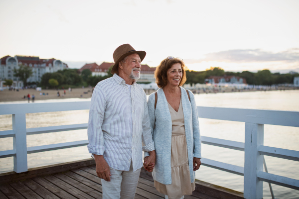 A happy senior couple hodling hands on walk outdoors on pier by sea, looking at view.