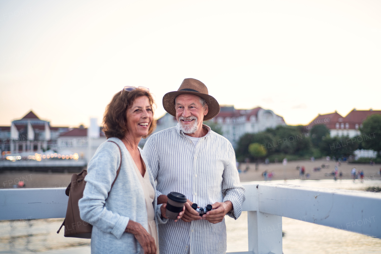 A happy senior couple hugging outdoors on pier by sea, smiling.