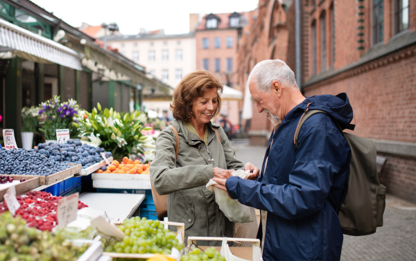 A happy senior couple tourists buying fruit outdoors on market in town.