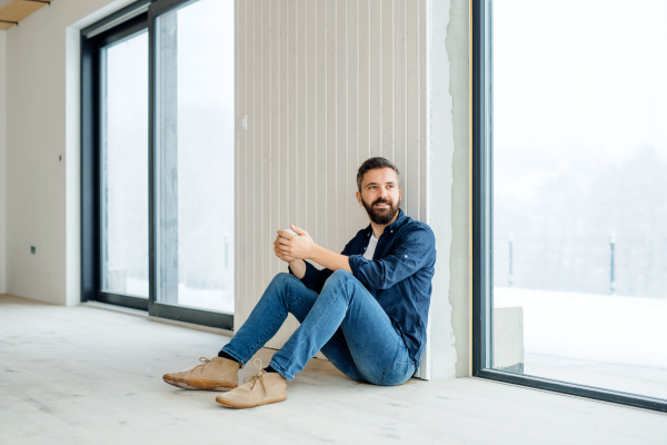 A mature man with cup of coffee sitting on the floor, furnishing new house. A new home concept. Copy space.