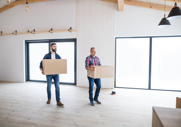 A cheerful senior man helping his mature son with furnishing new house, a new home concept.