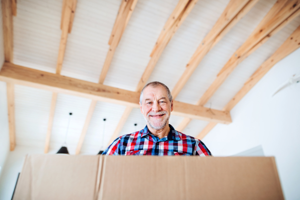 A low-angle portrait of senior man holdig cardboard box when furnishing new house, a new home concept. Copy space.