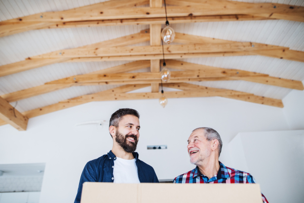 A portrait of mature man with his senior father furnishing new house, a new home concept. Copy space.