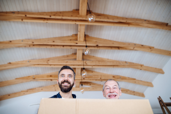 A portrait of mature man with his senior father furnishing new house, a new home concept. Copy space.