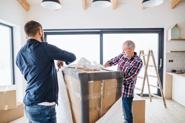 A cheerful senior man helping his mature son with furnishing new house, a new home concept.