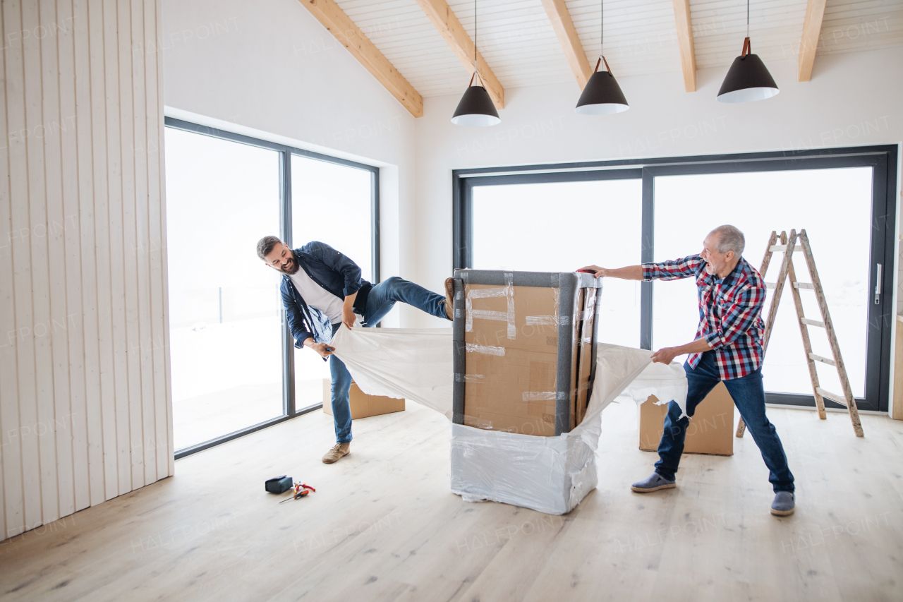 A cheerful senior man helping his mature son with furnishing new house, a new home concept.