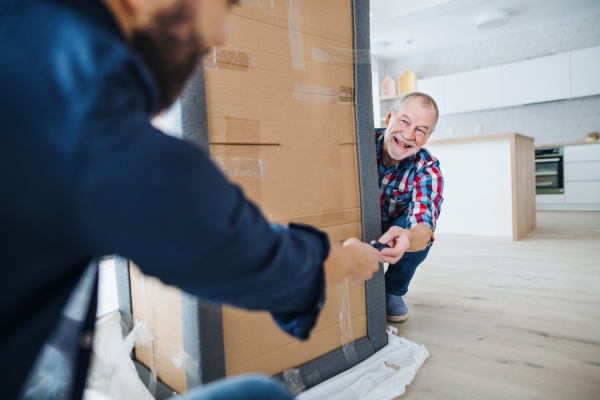 A cheerful senior man helping his mature son with furnishing new house, a new home concept.