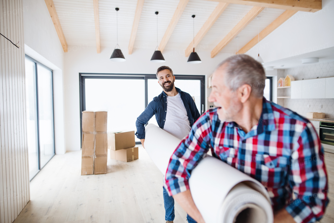 A cheerful senior man helping his mature son with furnishing new house, a new home concept.