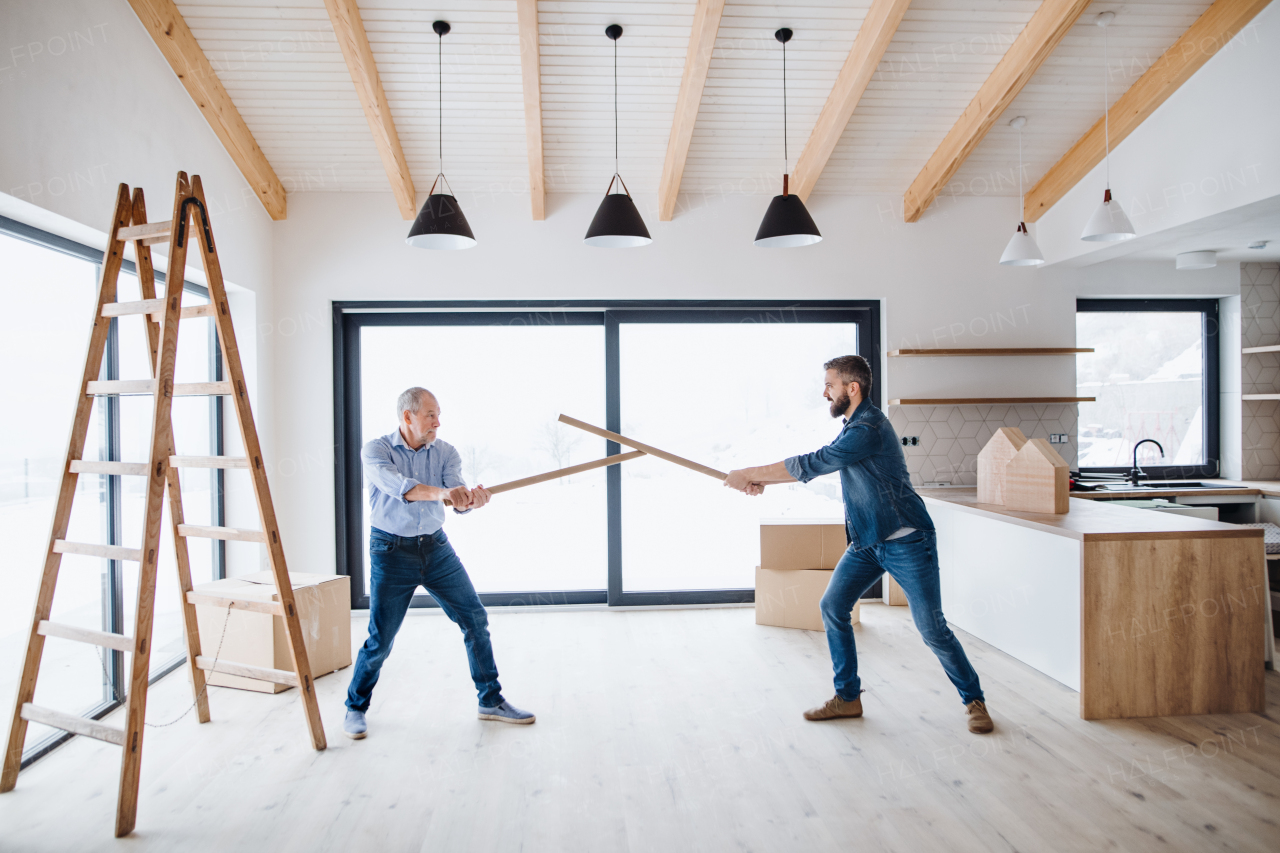 Two cheerful men having fun when furnishing new house, a new home concept.