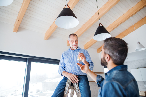 A cheerful senior man helping his mature son with furnishing new house, a new home concept.