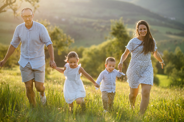 Happy young family with two small children walking on meadow outdoors at sunset.