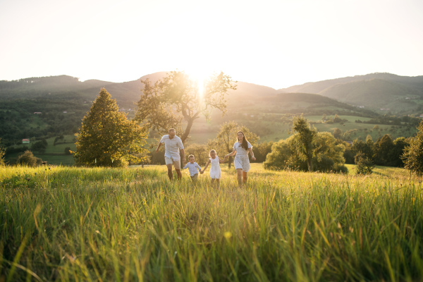 Happy young family with two small children walking on meadow outdoors at sunset.