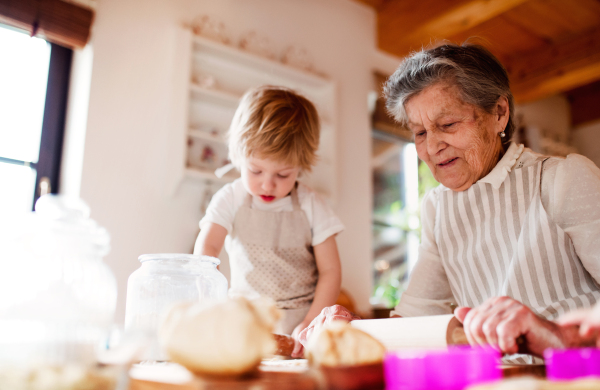 Happy senior great grandmother with small toddler boy making cakes at home.