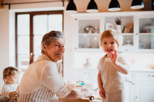 Happy senior great grandmother with small toddler children making cakes at home.