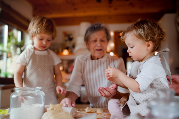 Happy senior great grandmother with small toddler children making cakes at home.