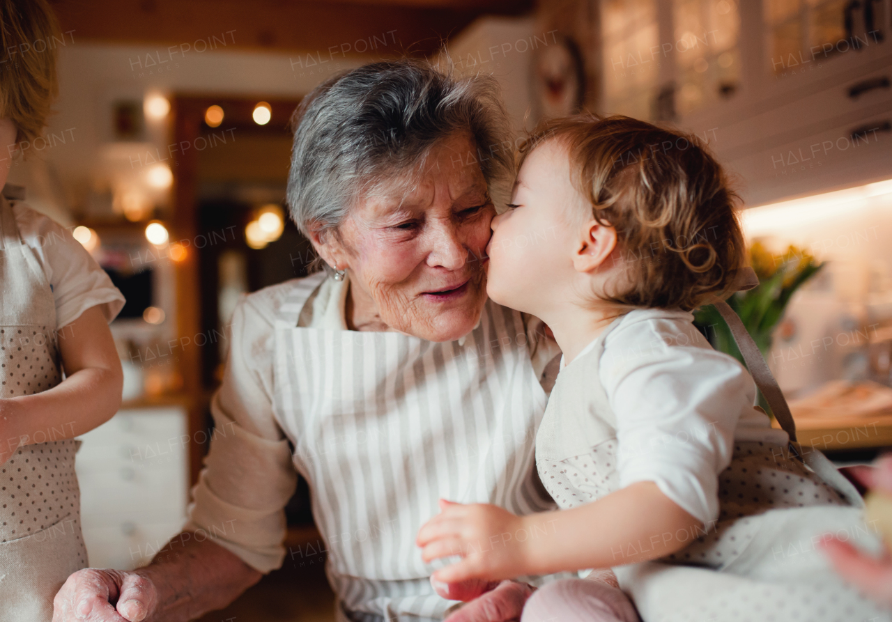 Happy senior great grandmother with small toddler children making cakes at home.