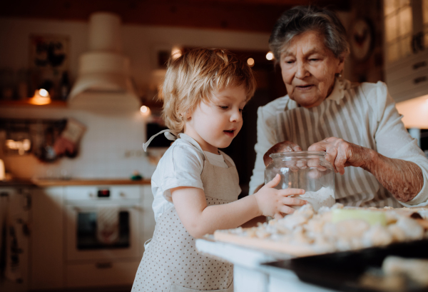 Happy senior great grandmother with small toddler boy making cakes at home.