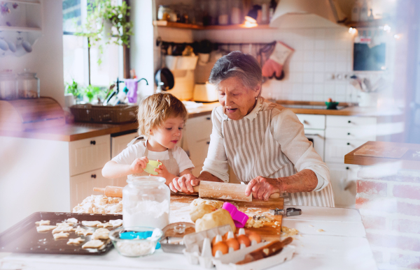 Happy senior great grandmother with small toddler boy making cakes at home.