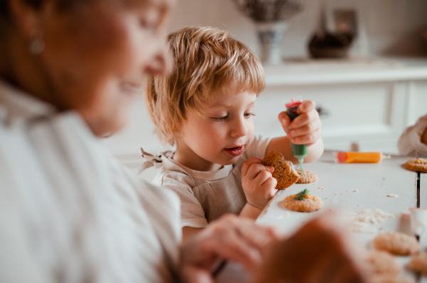 A senior grandmother with small toddler boy making and decorating cakes at home.