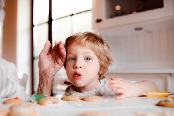 A midsection of senior grandmother with small toddler boy making and decorating cakes at home.