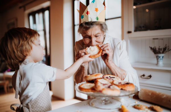 Happy senior great grandmother with small toddler boy making and eating cakes at home.