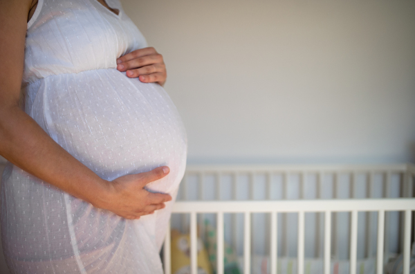 Midsection of unrecognizable pregnant woman indoors at home, touching her belly. Copy space.