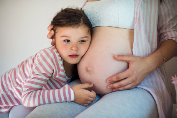 Portrait of unrecognizable pregnant woman with small daughter indoors at home.