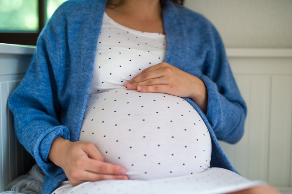 Midsection of unrecognizable pregnant woman sitting indoors at home.