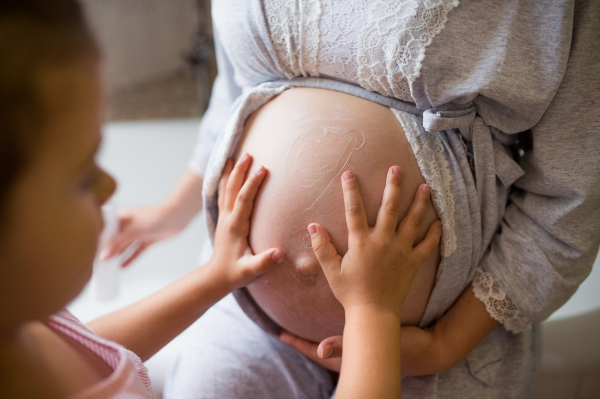 Portrait of unrecognizable pregnant woman with small daughter indoors at home.