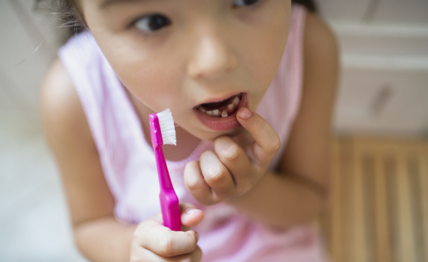 Top view portrait of worried small girl with toothbrush indoors, loosing baby tooth.