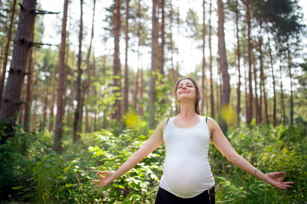 Front view portrait of happy pregnant woman outdoors in nature, doing yoga exercise.