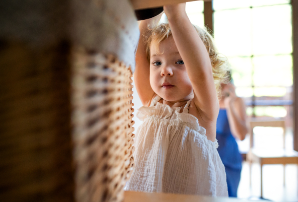 Portrait of small toddler girl standing indoor at home, looking at camera.