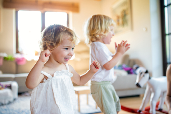 Portrait of small boy and girl standing indoors at home, playing.