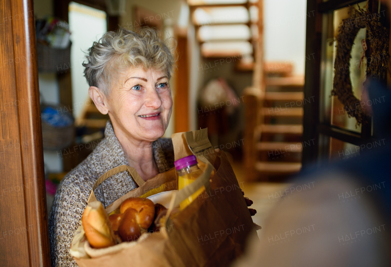 Unrecognizable courier delivering shopping to senior woman, corona virus and quarantine concept. Copy space.