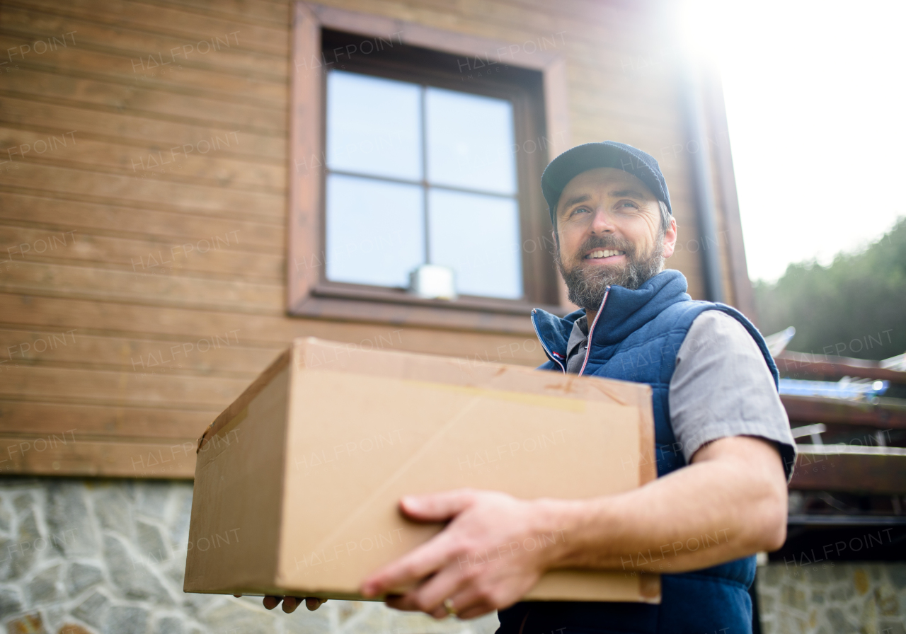 Man courier delivering parcel, corona virus and quarantine concept.