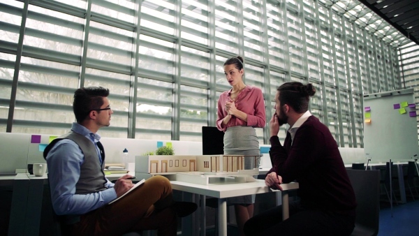 A group of young architects with model of a house in office, working and talking. Slow motion.