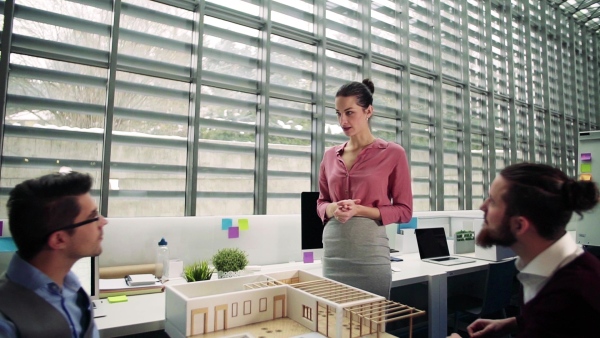 A group of young architects with model of a house in office, working and talking. Slow motion.