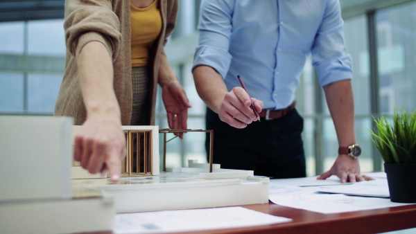 Midsection of young architects with model of a house standing in office, working and talking.