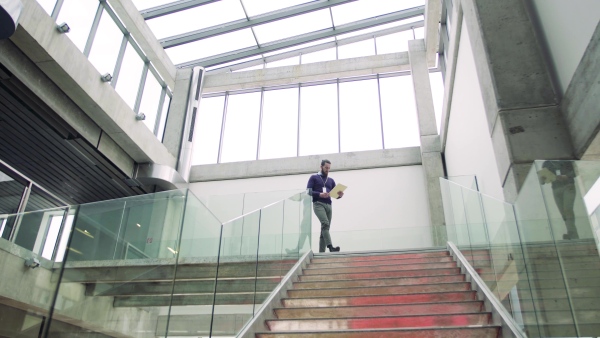 A young hipster businessman walking down the stairs in office building.