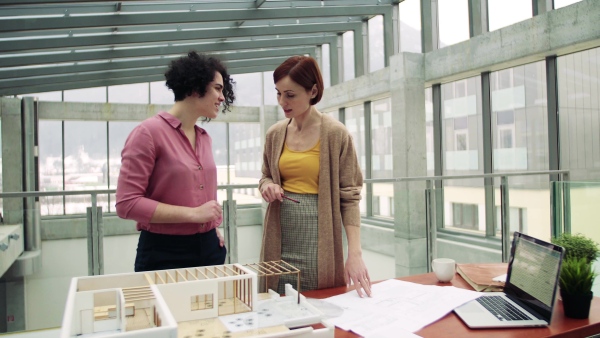 Two female young architects with model of a house standing in office, working and talking.