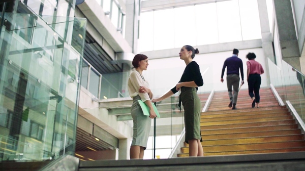 A group of young businesspeople standing and walking on a staircase, talking. Slow motion.