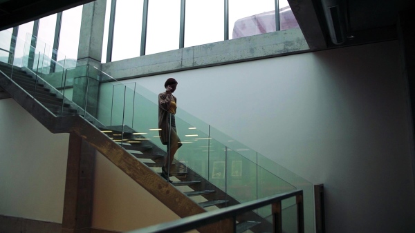 A young businesswoman with telephone walking down the stairs in office building, making a phone call. Slow motion.