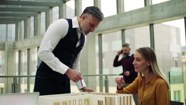 Group of architects with model of a house standing in office, working and talking.