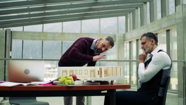 Two male architects with model of a house standing in office, working and talking.