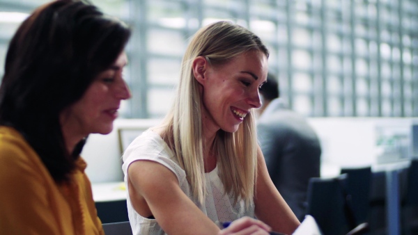 Two female businesspeople with laptop working in office, laughing.