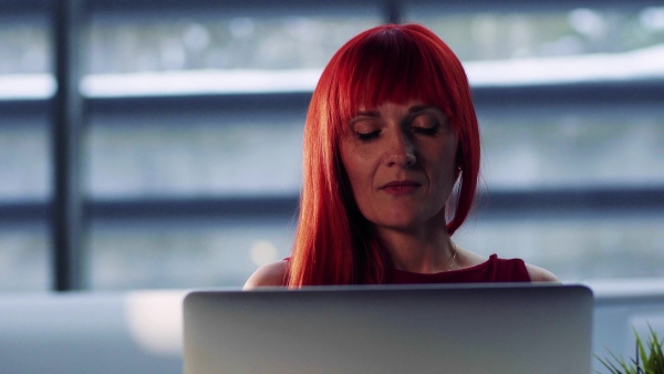 A front view portrait of mature businesswoman sitting at desk in office, using laptop.