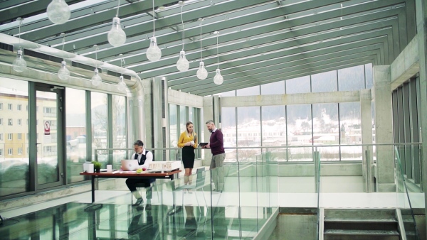 Group of architects with model of a house standing in office, working and talking. Slow motion.