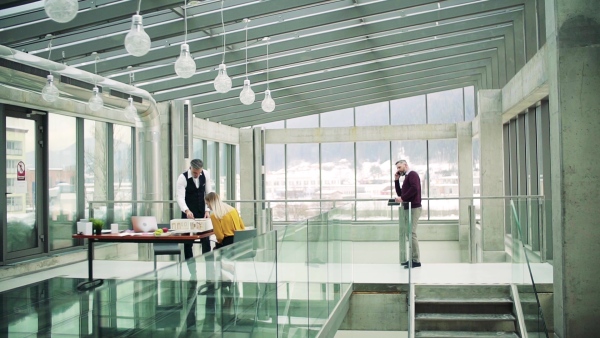 Group of architects with model of a house standing in office, working and talking. Slow motion.