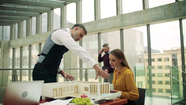 Group of architects with model of a house standing in office, working and talking. Slow motion.