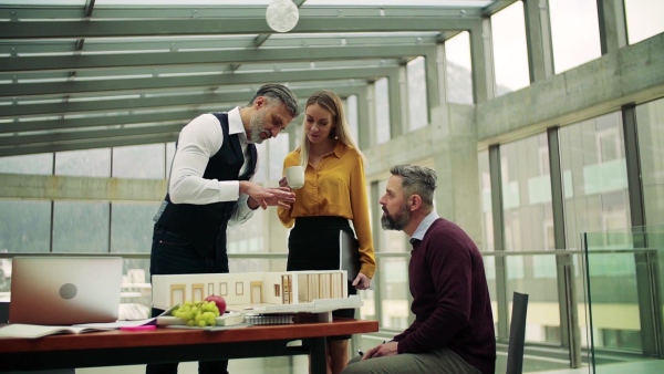 Group of architects with model of a house standing in office, working and talking. Slow motion.